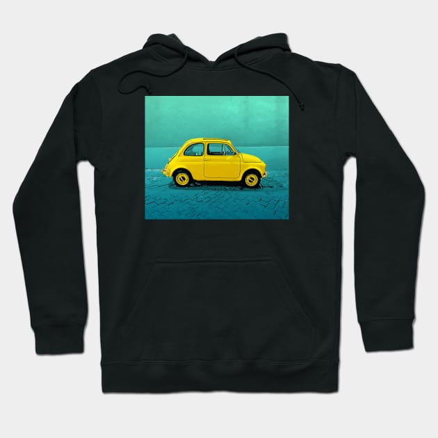 Classic yellow Fiat 500 on an aqua street Hoodie by CACreative